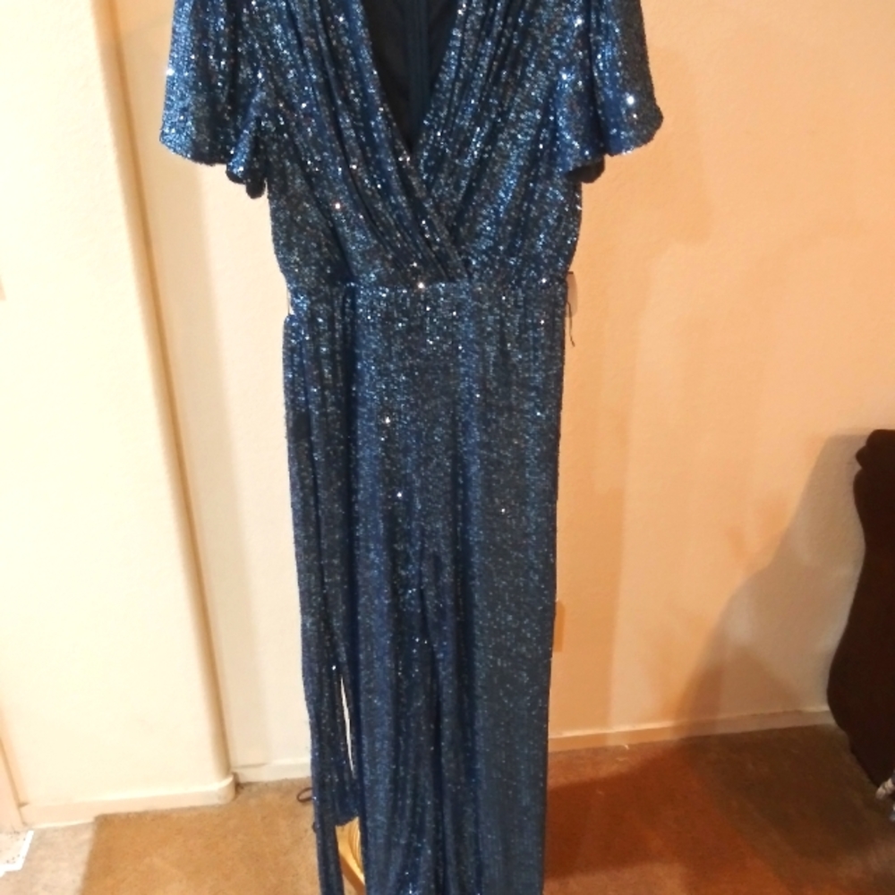 Ricauica Blue Sequence Jumpsuit with Belt, Size M, Flare Legs,